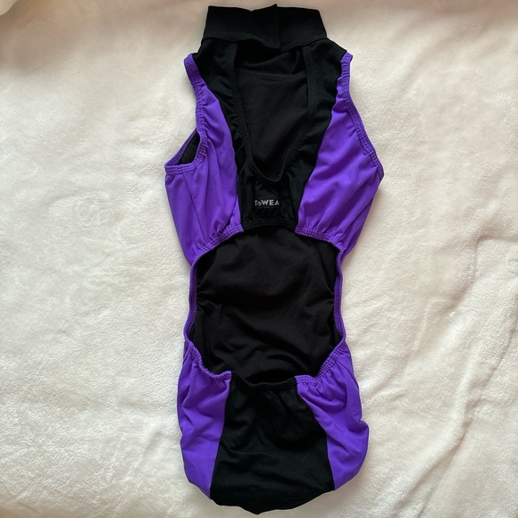 barely worn t-wear bright purple and black leotard with a high neck - Picture 2 of 2